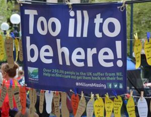 Too ill to be here banner with footprint sized pieces of paper with handwritten messages from those too ill to go.